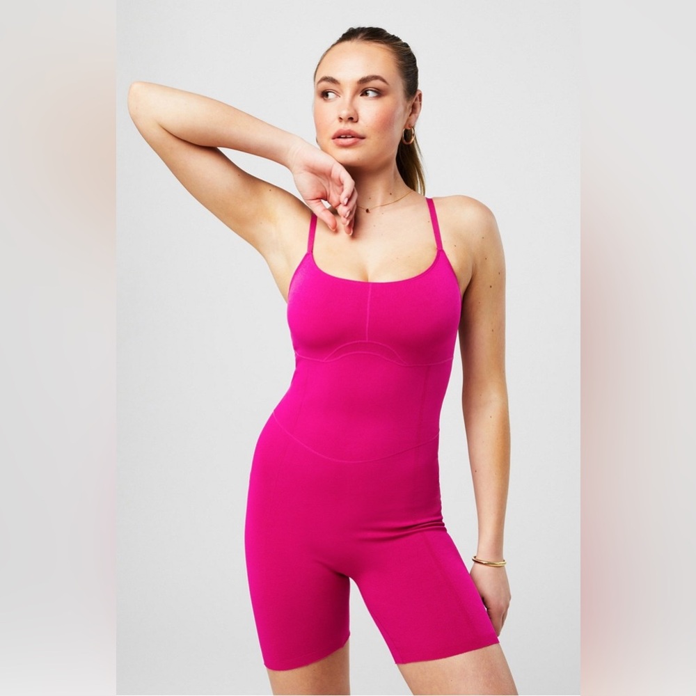 New WT Fabletics SculptKnit Barely There Short Jumpsuit Jazzersize Pink Flash